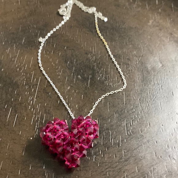 Red Glass Beaded Heart Sterling Silver Necklace - Picture 3 of 7